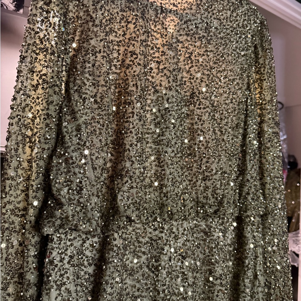 Mac Duggal Sparkling Long Sleeve Olive Green Gown Dress - Picture 7 of 16